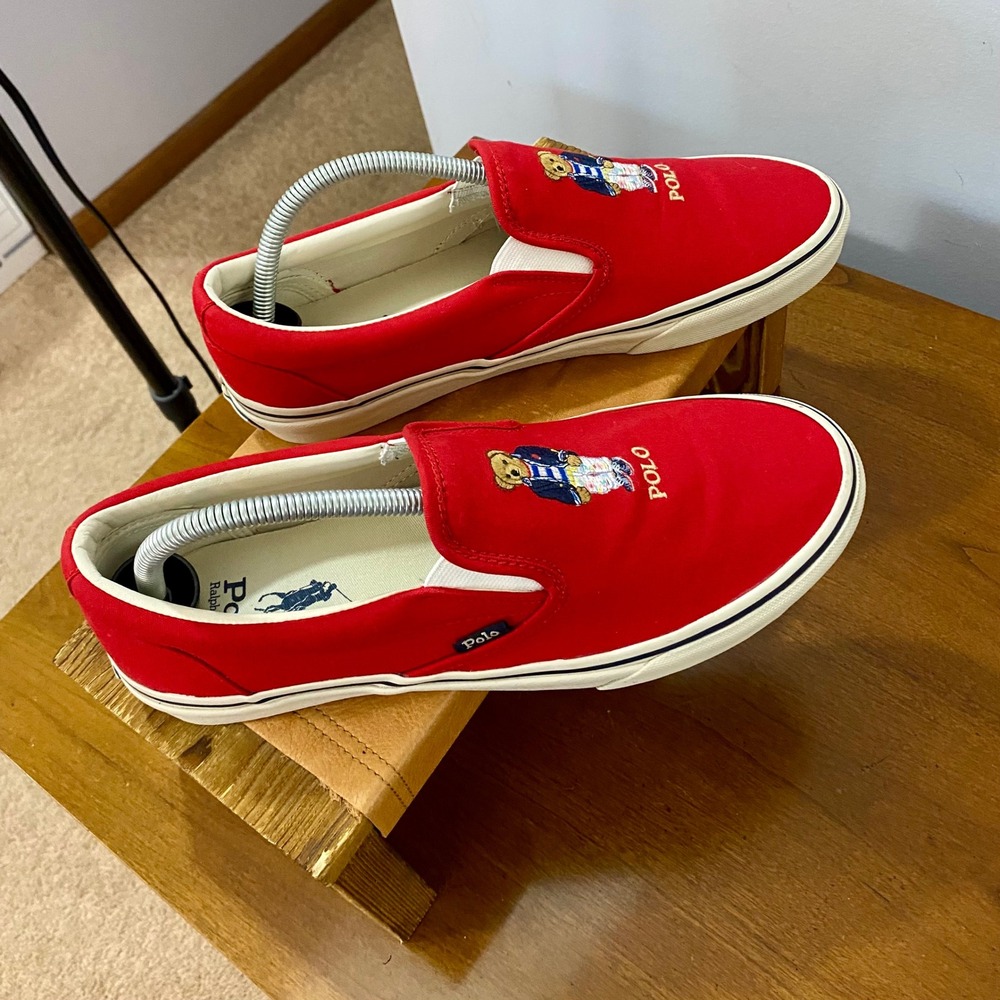 Polo Ralph Lauren Keaton Polo Bear Slip On Canvas Sneakers Shoes Red Mens Sz 9 - Picture 15 of 15